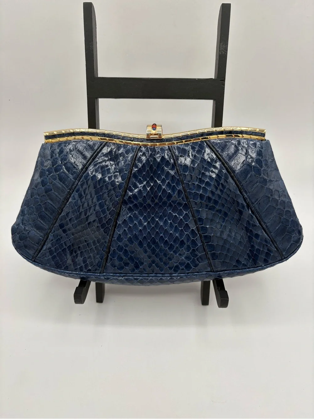 Vtg JUDITH LEIBER Snakeskin Leather Clutch Bag Small Navy Gold Multi Stones RARE